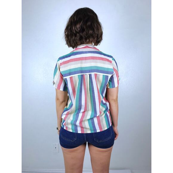 vintage 80s COLORFUL STRIPED Paper Thin BLOUSE soft Large button down shirt top - Picture 9 of 10